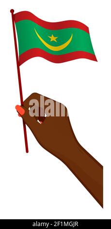 Female hand gently holds small flag of mauritania. Holiday design element. Cartoon vector on white background Stock Vector