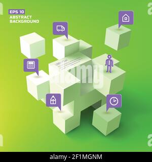 Geometric structure from 3d white cubes and business pointers of purple color on green background vector illustration Stock Vector
