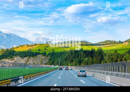 Germany - October 18, 2016: View of driver looking at cars on German Autobahn in Bavarian Alps, October 18, 2016 Stock Photo