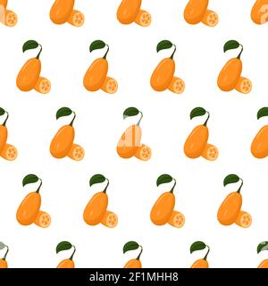 Cartoon seamless pattern for paper design with whole and sliced kumquat, orange citrus fruit. Colorful background. Stock Vector