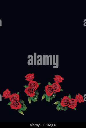 Frames - a bouquet of three red roses. Flowers on the black background of the A4, vertical image. Isolate. Plants Stock Vector