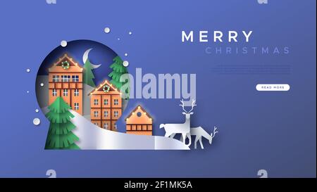 Merry Christmas web landing page template illustration of papercut winter landscape inside snow globe shape cutout. 3D paper craft reindeer, pine tree Stock Vector