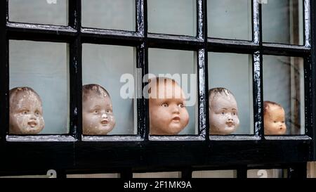 Collection of five old doll heads in a row in a window