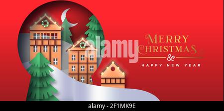 Merry Christmas web banner illustration of papercut winter landscape inside snow globe shape cutout. 3D paper craft pine tree forest and gingerbread h Stock Vector