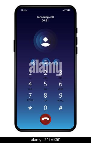 Incoming call, recording screen. Switched keyboard smartphone interface vector template. Flat interface for application. Mute and speaker buttons. Pho Stock Vector