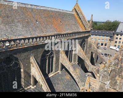 Undated file photo of Cathedrale Saint-Samson de Dol, a Roman Catholic church located in Dol-de-Bretagne, France. The best-selling Welsh writer Ken Follett has donated the royalties of his book 'Notre-Dame' published after the fire of April 15, 2019, to the commune of Dol-de-Bretagne to restore the Saint-Samson Cathedral, which has been classified as a historical monument since 1840. Photo by Fondation du Patrimoine via ABACAPRESS.COM Stock Photo