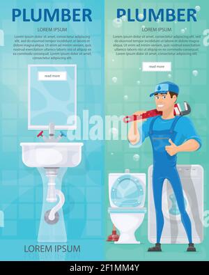Plumbing vertical banners with plumber holding professional wrench toilet washing machine sink crane and mirror vector illustration Stock Vector