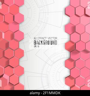 Vertical decorations from pink 3d hexagons and engineering drawings on white background with text vector illustration Stock Vector