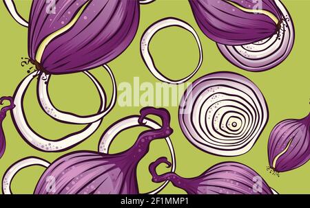 Natural organic farming vegetables pattern with fresh onions and slices on light green background vector illustration Stock Vector
