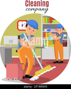 Cleaning company template with male professional employees in uniform working at office vector illustration Stock Vector