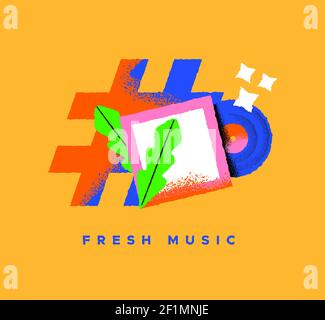 Fresh music colorful illustration of retro vinyl cd and hashtag symbol on isolated background. New song or album release concept in trendy hand drawn Stock Vector