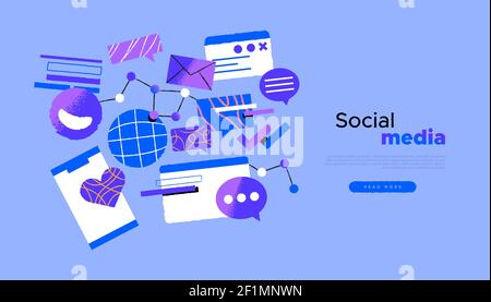 Social media web template illustration with trendy hand drawn communication icons for modern online community concept or business network project. Stock Vector