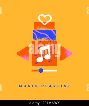 Music playlist colorful flat icon illustration on isolated background. Song streaming app or musical player interface concept in trendy hand drawn car Stock Vector