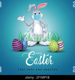 happy easter greetings. funny rabbit wearing medical mask with colorful easter eggs. vector illustration design Stock Vector