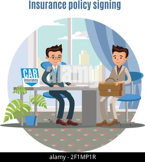 Car insurance service concept with agent and client signing policy in office vector illustration Stock Vector