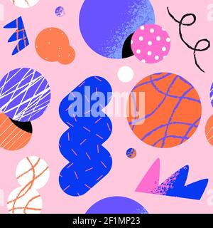 Abstract seamless pattern illustration of trendy geometric shapes with unusual 90s style cartoon doodle background. Stock Vector