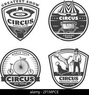 Black vintage circus emblems set with arena tent wagon trainer bicycle unicycle trained tiger and seal isolated vector illustration Stock Vector