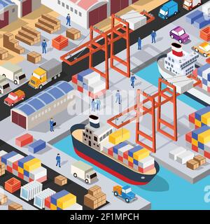 Isometric port cargo ship cargo seaport at sea Stock Vector