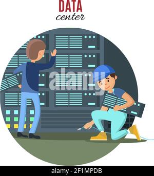 Digital technologic concept with engineers connecting and checking cloud servers in data center vector illustration Stock Vector