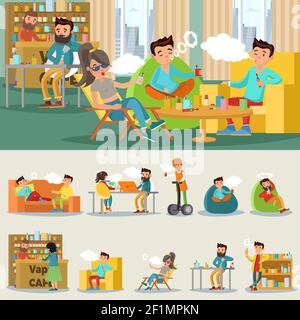Colorful vape cafe concept with people smoking electronic cigarettes in different positions isolated vector illustration Stock Vector