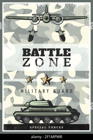 Vintage colored military poster with heavy bomber dropped bombs and battle tank on camouflage background vector illustration Stock Vector