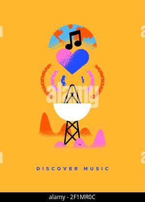 Discover music colorful illustration on isolated background. Musical radar or global internet radio concept in trendy hand drawn cartoon style. Stock Vector