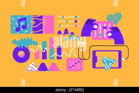 Music icon illustration set of trendy musical app icons in retro hand drawn cartoon style. Colorful audio technology symbol collection on isolated bac Stock Vector
