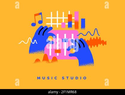 Music studio colorful illustration on isolated background. Professional sound control, dj or audio volume mixing concept in trendy hand drawn cartoon Stock Vector