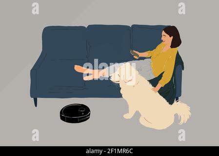 Black robotic vacuumer is cleaning the floor while pretty woman sitting on the blue sofa with a white dog at home. Lifestyle and smart technology concept. Vector illustration Stock Vector