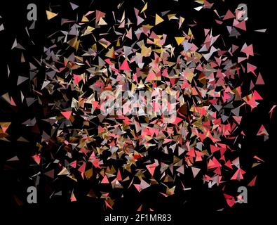 Abstract background of colored flying triangles.Black background. Stock Photo