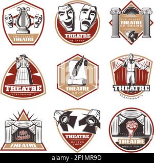 Colored vintage theatre labels set with actors carnival and theatrical elements in hand drawn style isolated vector illustration Stock Vector