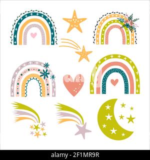 Vector rainbows , moons and stars set. Hand drawn Stock Vector