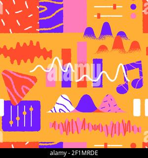 Music icon seamless pattern illustration of trendy musical app icons in retro hand drawn cartoon style. Colorful audio symbol wallpaper background. Stock Vector