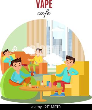 Colorful vape cafe concept with boys smoking electronic cigarettes and sitting in armchairs and sofa vector illustration Stock Vector