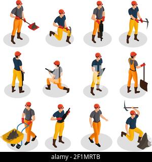 Isometric mining characters set wearing uniform and working with mining equipment and manual labor tools isolated vector illustration Stock Vector