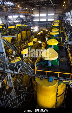 Khromtau/Kazakhstan - May 06 2012: Copper ore concentration plant. Outokumpu Technology equipment. Pumping station. Stock Photo