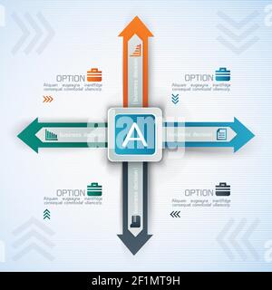 Business infographic design template with square four arrows in different directions text and icons isolated vector illustration Stock Vector