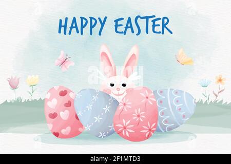 Happy easter day background with cute bunny and easter eggs Stock Vector