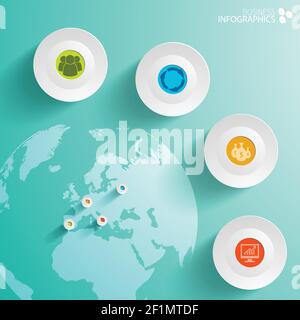 Abstract business infographics with circles globe pins and icons on light background vector illustration Stock Vector