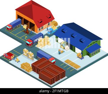 Isometric warehouse area concept with workers and transport involved in logistic shipping loading delivery processes isolated vector illustration Stock Vector
