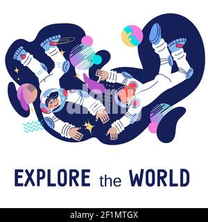 Explore the world banner or poster template for Cosmonautics day or astronomy lessons with astronauts man and woman in space. Universe research and sp Stock Vector