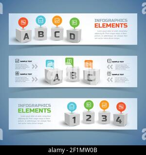Cubes infographic horizontal banners with 3d squares text icons and options isolated vector illustration Stock Vector