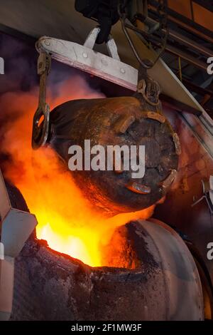 Melting copper in Pierce-Smith converter in metallurgy workshop