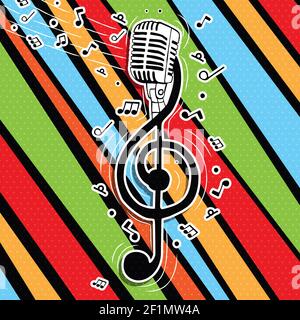 Music key symbol with recording microphone equipment and musical notes on colorful retro style background. Stock Vector