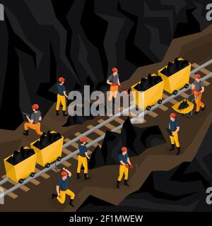 Isometric coal industry concept with miners in uniform working in mine and using manual labour tools vector illustration Stock Vector
