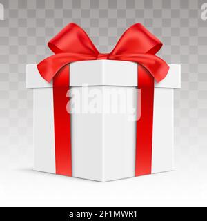 White vector giftbox. Realistic gift box, with the red satin bow, isolated on background. Cube shape present box, tied with red wrapping ribbon, standing on a surface in a front view. Stock Vector