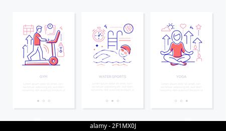 Active lifestyle - vector line design style web banners with copy space for text. Recreation idea. Gym, water sports, yoga exercises. Images of people Stock Vector