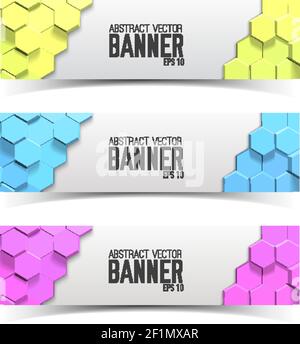 Three horizontal isolated modern design business banner set with multicolored honeycombs style vector illustration Stock Vector