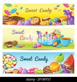 Three isolated colored horizontal sweet candy banner set with multicolored description sweet candy vector illustration Stock Vector
