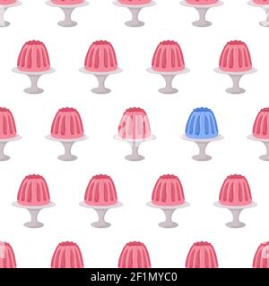 Cartoon seamless pattern for fabric design with pink jelly on stand. Eye catching element - one blue jelly. Colorful background. Stock Vector